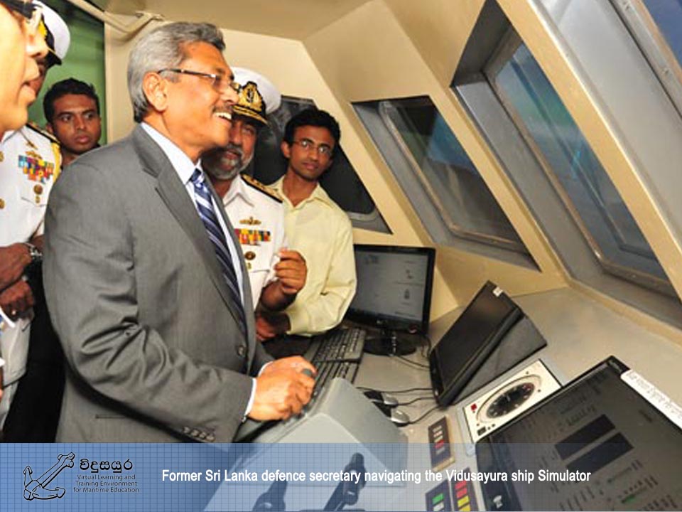 Former Sri Lanka defence secretary navigating the Vidusayura ship simulator.