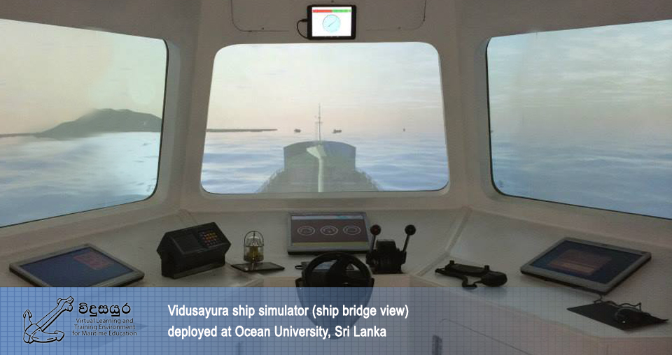 Vidusayura ship simulator (ship bridge view) deployed at Ocean University, Sri Lanka.